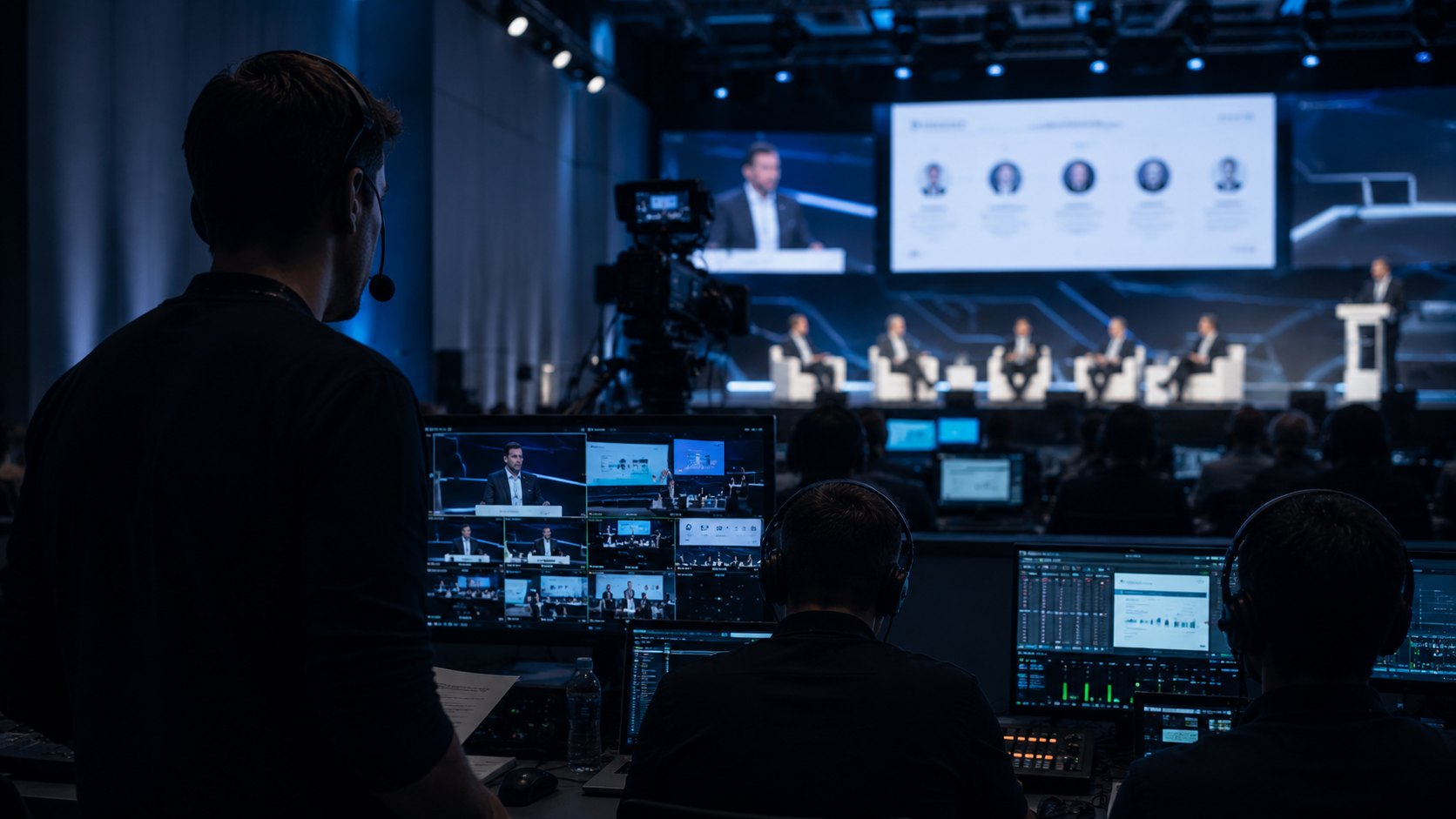 Live-Regie einer hybriden Veranstaltung mit Kameras, Monitoren und Panel auf der Bühne