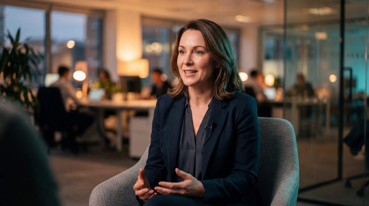 Professionelles Interview – Frau spricht natürlich vor der Kamera in modernem Büro