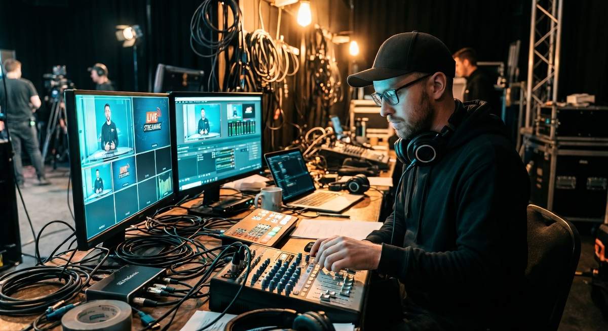 Live Streaming Regie – Techniker am Mischpult mit Monitoren und Kamerasignalen